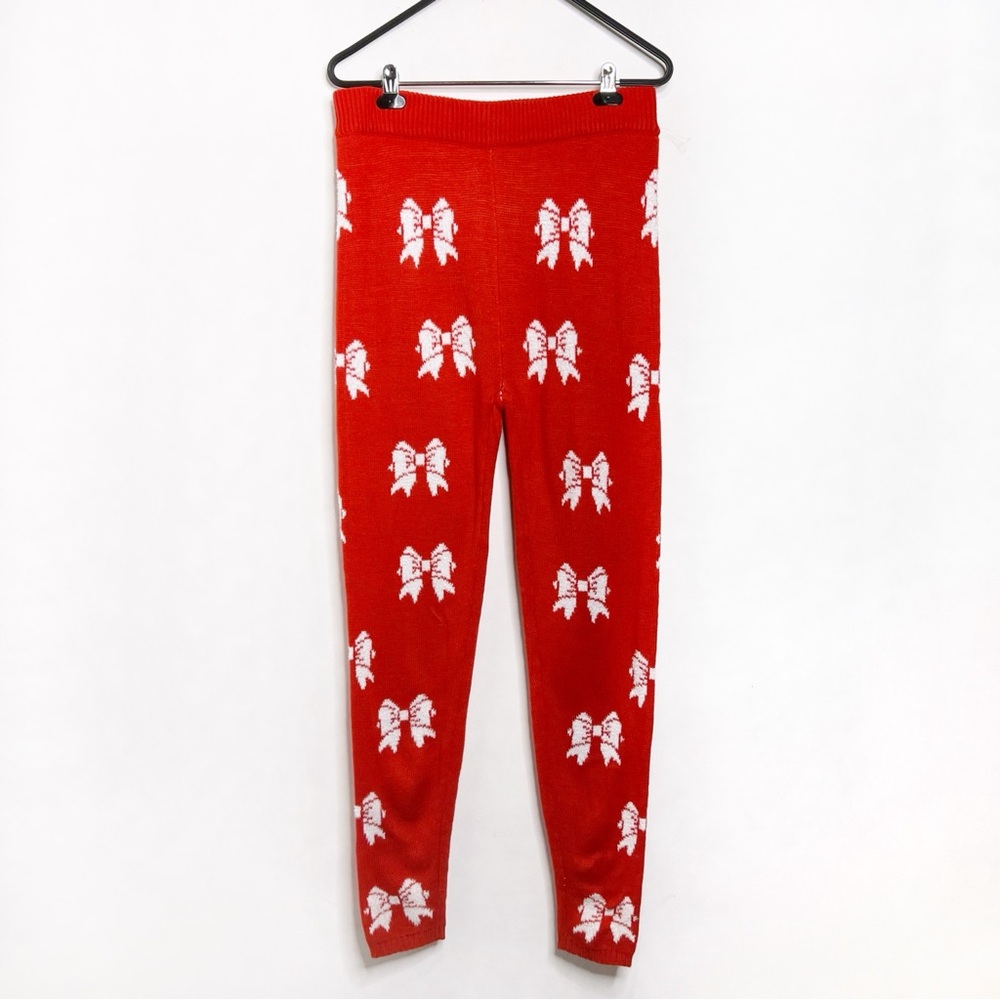 POOF! Merry Christmas Knit Bow Print Red Leggings NWOT Size L